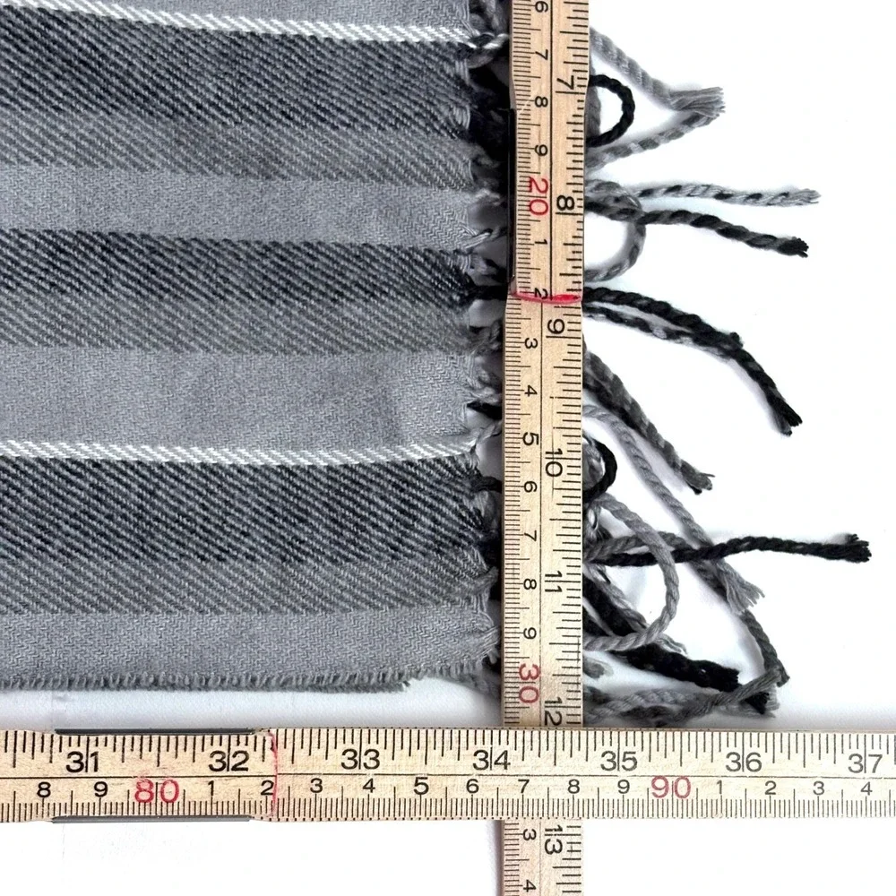 Italy Design Scarf Grey Striped Cashmere Blend Fringed Winter Wrap 12x68